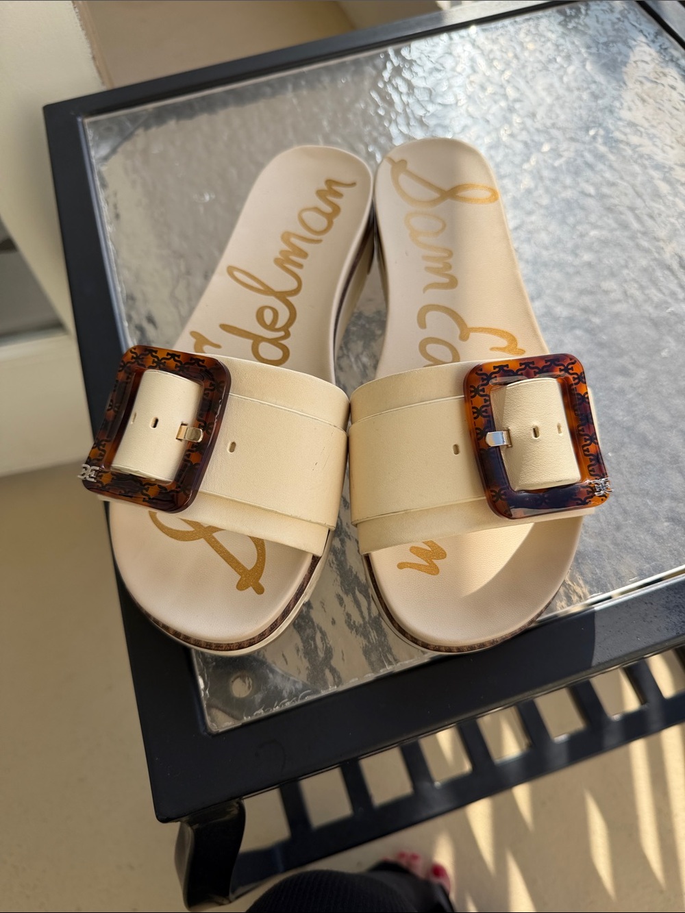 Sam Edelman Cream Slide Sandals with Tortoiseshell Buckles
